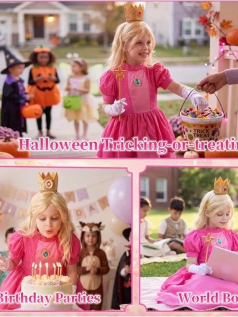 NWT Princess Peach Costume Full Set Size 140 | Dress Wig Gloves Wand Crown